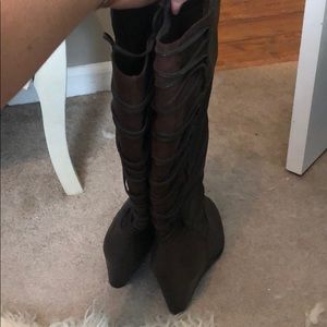 Lace up wedge knee high boots